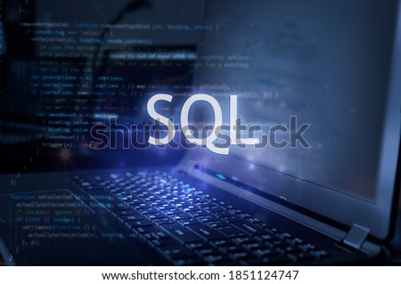 SQL inscription against laptop and code background. Learn sql programming language, computer courses, training. 
