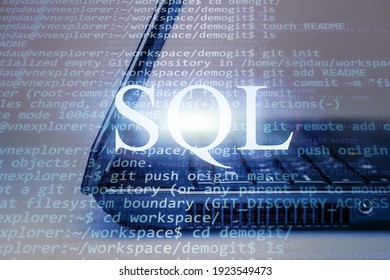 SQL Inscription Text Against Laptop And Code Background. Learn Sql Programming Language,