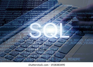 SQL Inscription Text Against Laptop And Code Background. Learn Sql Programming Language,