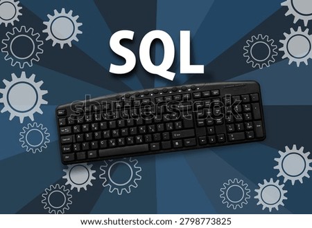 SQL programming language. Word SQL and keyboard on dark blue background 