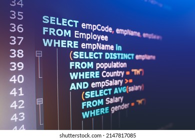 SQL (Structured Query Language) Code On Computer Monitor. Example Of SQL Code To Query Data From A Database.