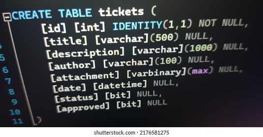 SQL (Structured Query Language) Code Example To Create Tables On A Computer Monitor. Programmer Text Editor With Dark Theme.