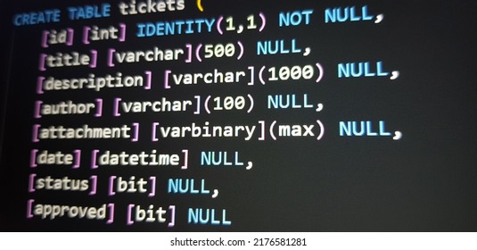 SQL (Structured Query Language) Code Example To Create Tables On A Computer Monitor. Programmer Text Editor With Dark Theme.