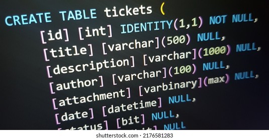 SQL (Structured Query Language) Code Example To Create Tables On A Computer Monitor. Programmer Text Editor With Dark Theme.