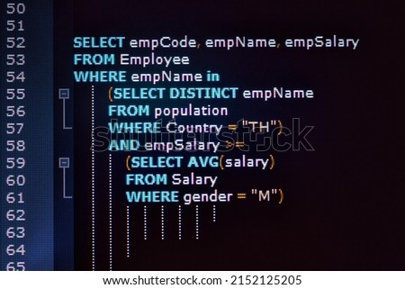SQL (Structured Query Language) code. Example of SQL code to query data from a database. Close-up photo from a computer screen.