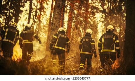 Squad of Volunteer Firefighters with Safety Equipment and Uniform Encircle a Raging Forest Fire Before the Blaze Gets Completely Out of Hand. Firemen Respond to Emergency and Prevent a Disaster. - Shutterstock ID 2258645797