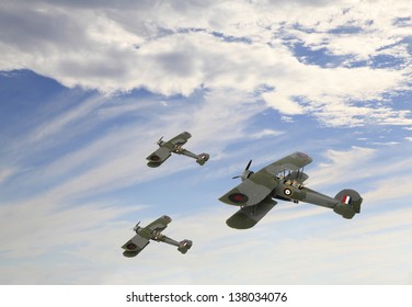 A Squadron of WW I Armstong Whitworth FK.8 Biplanes Flying in Formation (artistic composite using models)