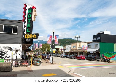 Squamish BC, Canada - August 28, 2021:  Downtown Squamish BC with the Chieftain Hotel with its neon Indian head sign.  
