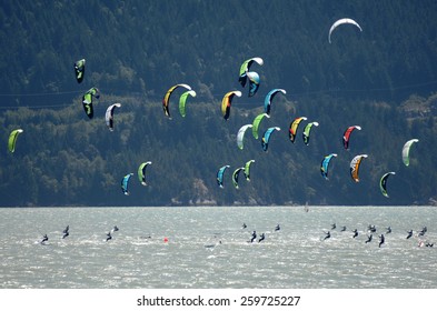 SQUAMISH, BC, CANADA - AUGUST 4, 2012: Athletes Compete In The Kiteboarding Racing Championship In Squamish, BC, Canada, ON August 4, 2012.