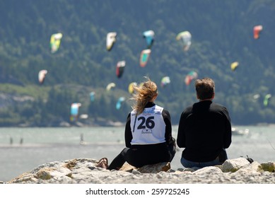 SQUAMISH, BC, CANADA - AUGUST 4, 2012: Athletes Compete In The Kiteboarding Racing Championship In Squamish, BC, Canada, ON August 4, 2012.