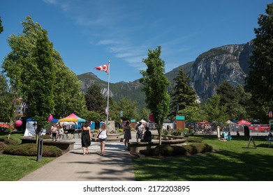 Squamish BC, Canada - June 25th, 2022:  Downtown Squamish BC with the Stawamus Chief mountain the background.  