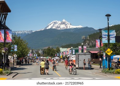 Squamish BC, Canada - June 25th, 2022:  Downtown Squamish BC with Cleveland Avenue closed off for a street market.