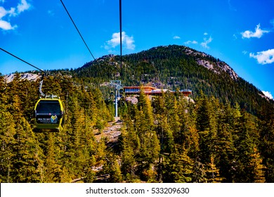 Squamish, BC, Canada - Sept. 22, 2016:  The Sea to Sky Gondola ride, the Summit Viewing Deck and Sky Pilot Suspension Bridge are exhilirating experiences in the shadow of Sky Pilot Mountain peaks.