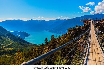 Squamish, BC, Canada - Sept. 22, 2016:  The Sea to Sky Gondola ride, the Summit Viewing Deck and Sky Pilot Suspension Bridge are exhilirating experiences in the shadow of Sky Pilot Mountain peaks.