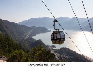 Squamish, British Columbia, Canada - August 4, 2019: Beautiful View of the Sea to Sky Gondola with Howe Sound in the Background during a sunny summer day.