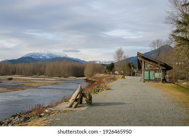 Squamish British Columbia, Canada - February 27, 2021: Eagle Run, a world class eagle viewing area, on the Squamish River in Brackendale, near Squamish.