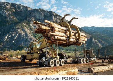 Squamish British Columbia, Canada - November 3rd, 2017:  A huge log stacker unloads an entire logging truck in one lift, at the Squamish log sorting yard on Galbraith Ave.  
