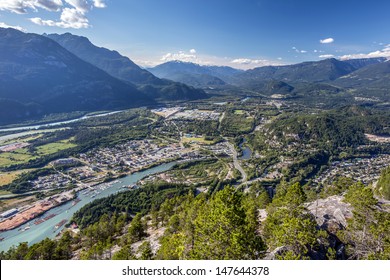 Squamish town, B.C  from the summit of the Stawamus Chief, the second largest granite monolith in the world