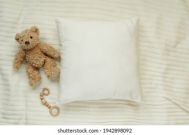 Square Baby Pillow Mockup, Blank White Nursery  Cushion On Soft Blanket, Toy Bear.