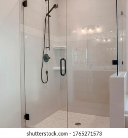 Square Bathroom Shower Stall With Half Glass Enclosure Adjacent To Built In Bathtub