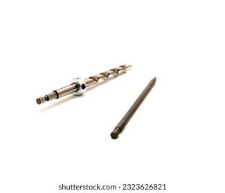 Square bit and pocket hole drill bit with stop collar for woodworking joinery isolated on white background, clipping path and copy space. Carpentry joint jig tool