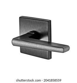 Square Black Brushed Metal Door Knob, Handle. Furniture For Doorways. Black Decorative Element Isolated On White Background With Clipping Path. Series Of Furniture