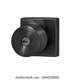 Square Black Brushed Metal Door Knob, Handle. Furniture For Doorways. Black Decorative Element Isolated On White Background With Clipping Path. Series Of Furniture