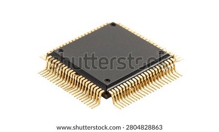 Square black integrated circuit microchip with gold plated pins