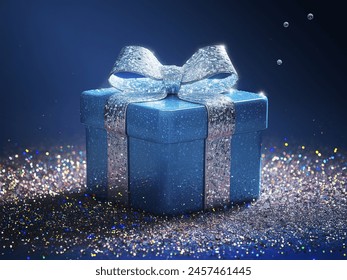 square blue shiny box with a bow and multicolored sparkles on a blue background - Powered by Shutterstock