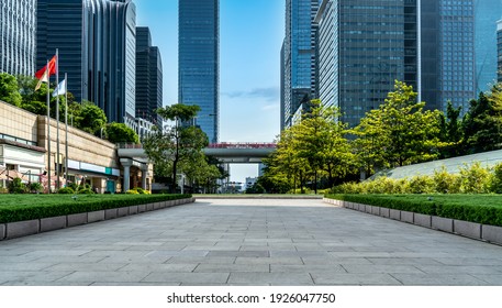 Square Brick Floor And Modern Office Building