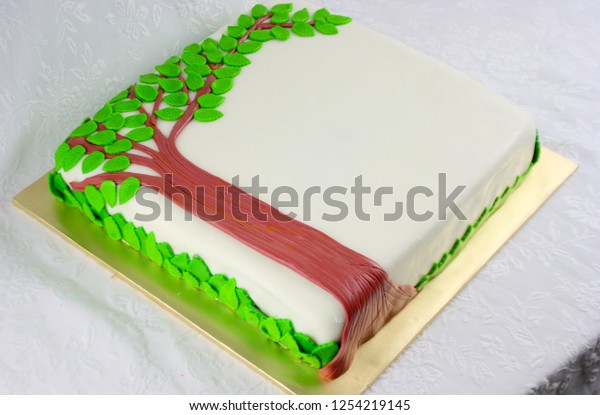 Square Cake Tree Fondant Decorationfamily Reunion Stock Photo