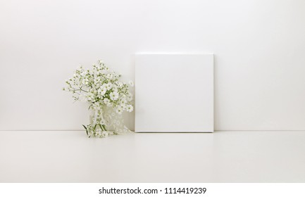 Square Canvas Mockup, White Flowers, Styled Stock Photo