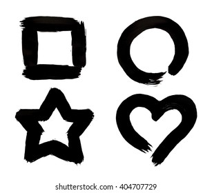 Square, Circle, Star and Heart Symbols Black Paint Brush Strokes Isolated on White Background.