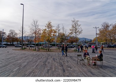 Sechseläuten Square At City Of Zürich On A Blue Cloudy Autumn Day With People Enjoying A Sunday Afternoon. October 30th, 2022, Zurich, Switzerland.