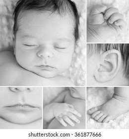 Square Collage Of Six Black And White Macro Photos Of A Sleeping, Three Week Old, Newborn Baby Boy.