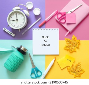 Square Composition Of School Stationery, Back To School And Start Learning. Flat Lay , Top View Shot