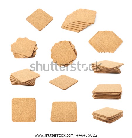 Square cork textured coaster for the drinks, composition isolated over the white background, set of multiple different foreshortenings and compositions