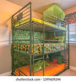 Square Cozy Room Interior With A Colorful Triple Bunk Bed For Children