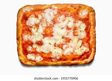 Square Crust  Pizza With Tomato Sauce And Mozzarella Cheese Isolated On White Background, Top View Flat Lay