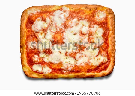 Square crust  pizza with tomato sauce and mozzarella cheese isolated on white background, top view flat lay