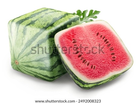 Square or cube striped watermelon and half of watermelon isolated on white background. Clipping path.