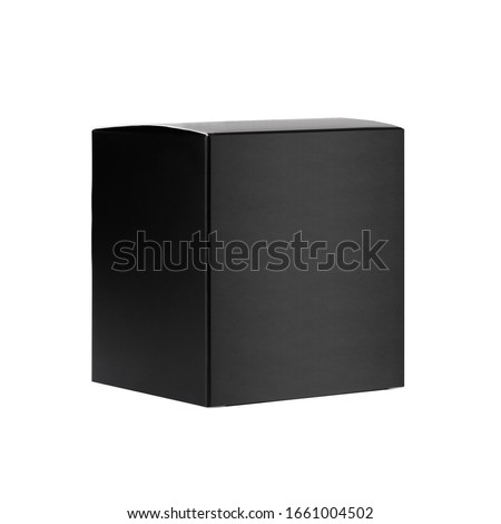 Square elegant black blank paper box side view isolated, mock up of packing for branding identity product, advertising, presentation, design.