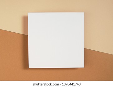 Square Empty Card Mockup, For Invitation, Thank You Card, Greeting Card Design, Blank Paper On Brown Background With Shadow, Flatly, Top View.