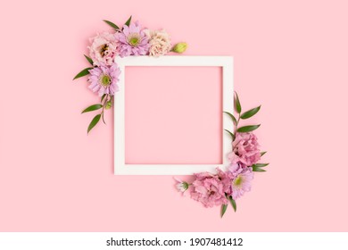 Square Flower Frame Made Of Eustoma On A Pink Background. Greeting Card Template With Copyspace. Tenderness Concept.