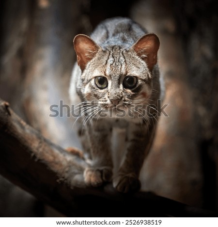 Square format. Rusty Cat, Prionailurus rubiginosus, eye contact, direct gaze fixed on camera, crouching on a tree branch in natural low forest light. 