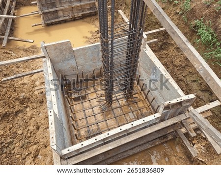 Square foundation formwork ready for pouring concrete with pile deviation. Pile Footing. Deep Foundation.