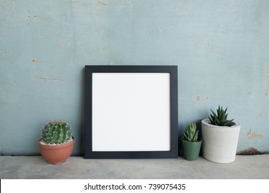 Square Frame Poster With Succulent Plant In Pot On Concrete Floor And Metal Wall. Retro Style