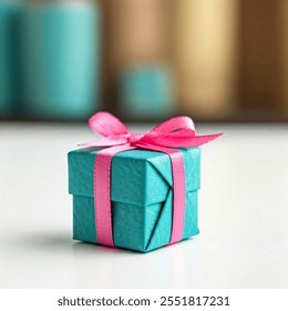 square gift box wrapped in turquoise paper with a vibrant pink ribbon tied in a bow.  - Powered by Shutterstock