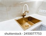 Square Gold Color Sink For Kitchen, Bronze Faucet, Beautiful Designer Kitchen With Sink. High quality photo