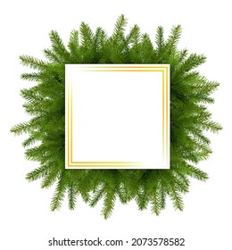 A square gold frame framed with fir twigs. Isolated christmas frame on white background without decorations with space